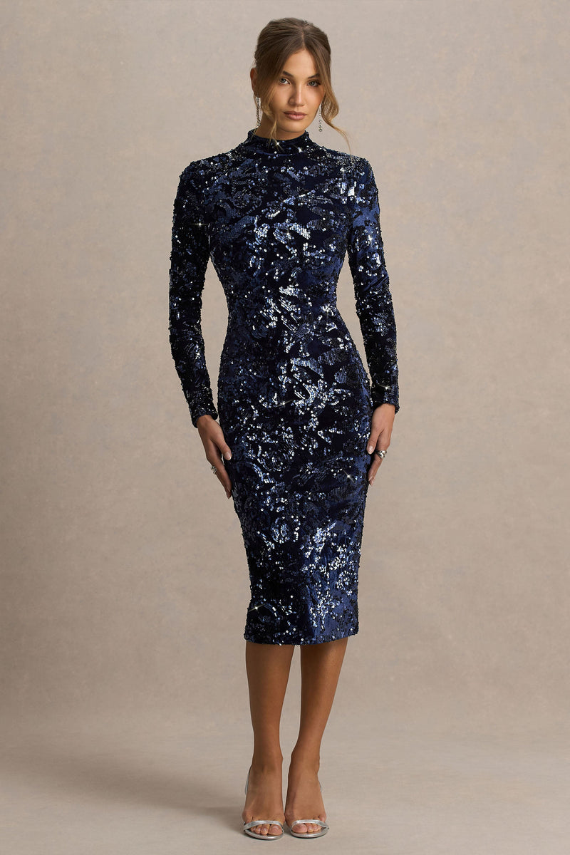 Alanita | Vestido midi azul marino de terciopelo adornado con lentejuelas, cuello alto y mangas largas