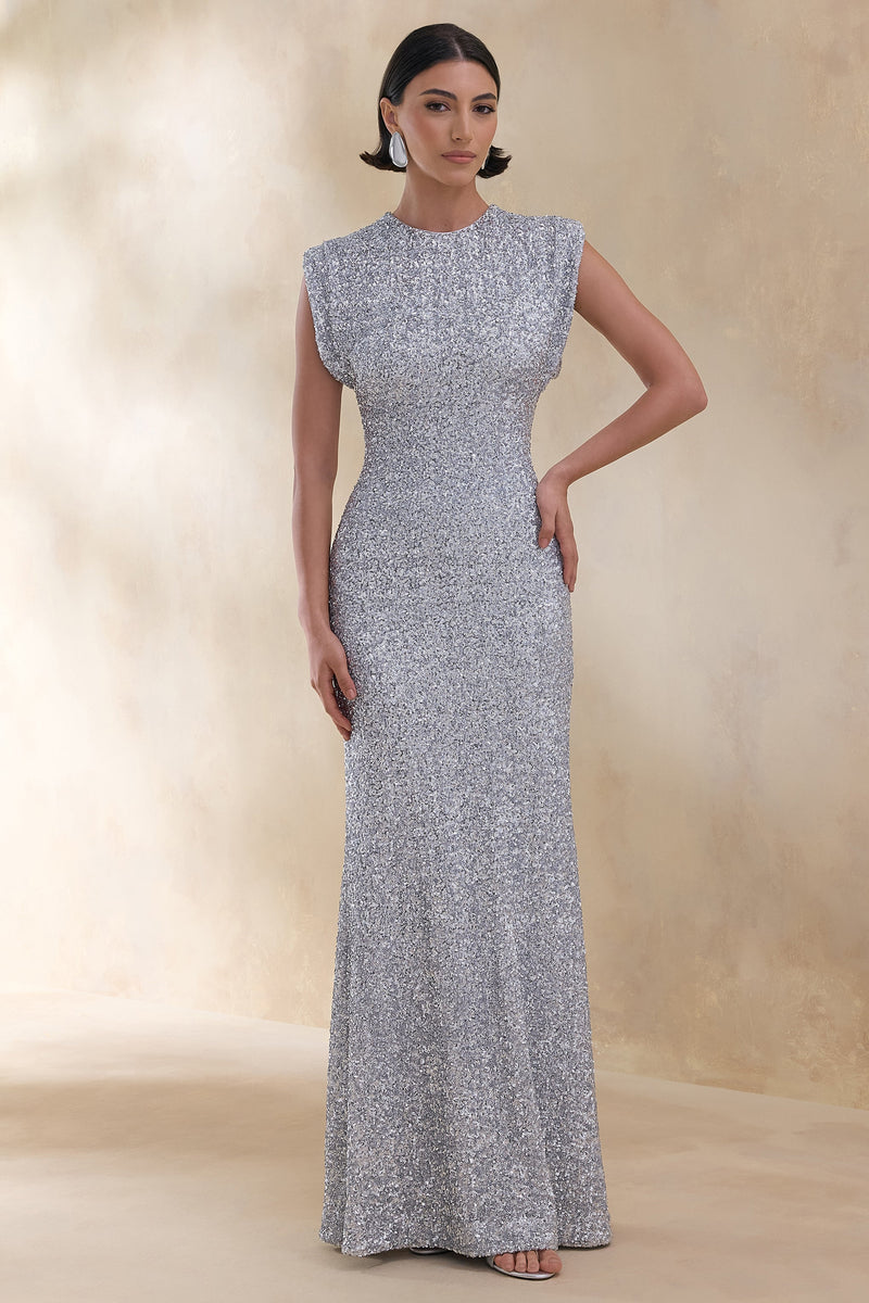 Aurah | Vestido largo plateado de lentejuelas con cuello redondo y mangas cortas