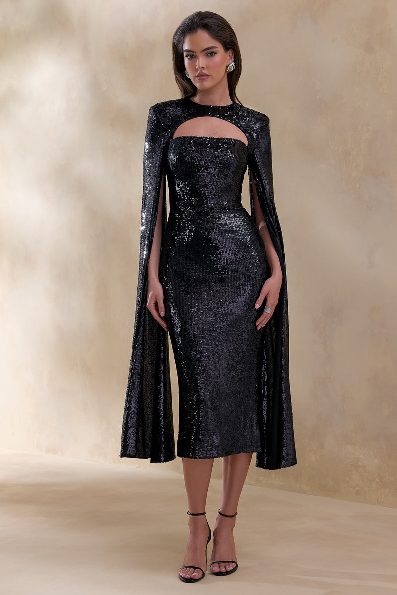 Adeline | Vestido midi negro de lentejuelas con cuello redondo y mangas tipo capa