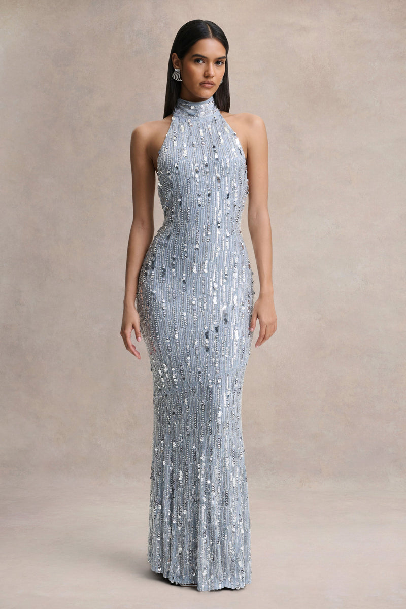 Zaira | Vestido maxi plateado de lentejuelas con cuello alto y espalda descubierta