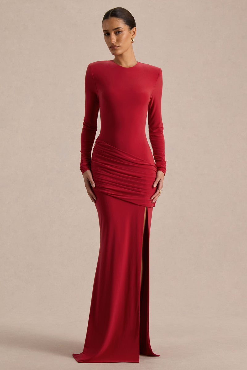 Liora | Vestido largo rojo de cuello redondo con abertura delantera alta