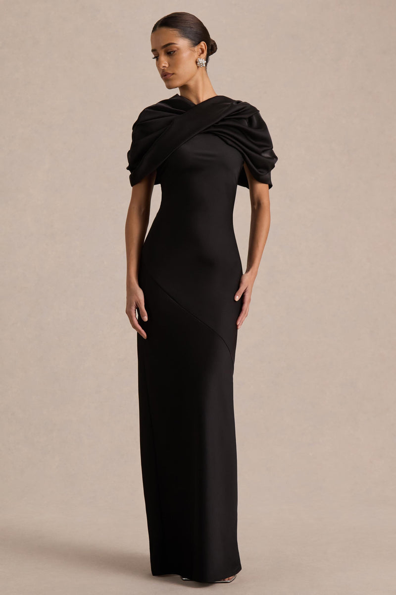 Yoli | Vestido largo de satén negro con capa retorcida desmontable