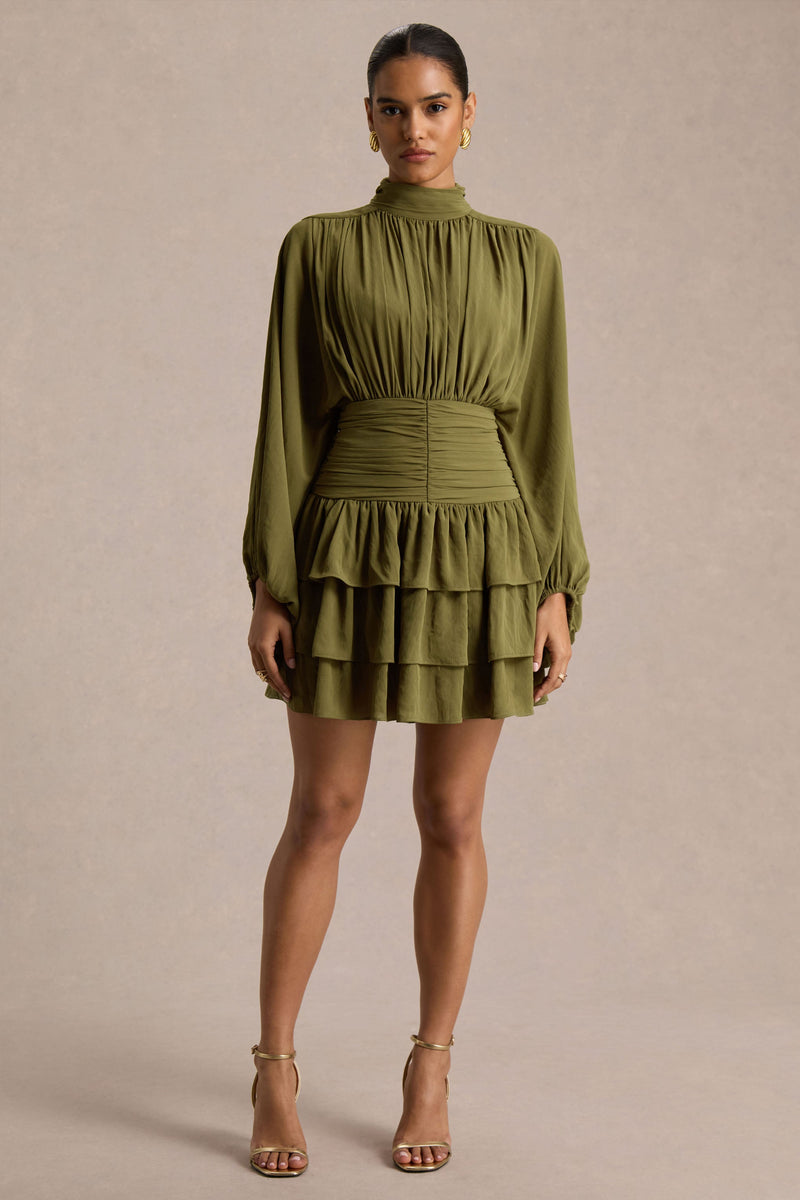 Imma | Vestido mini color oliva de cuello alto con detalles de volantes
