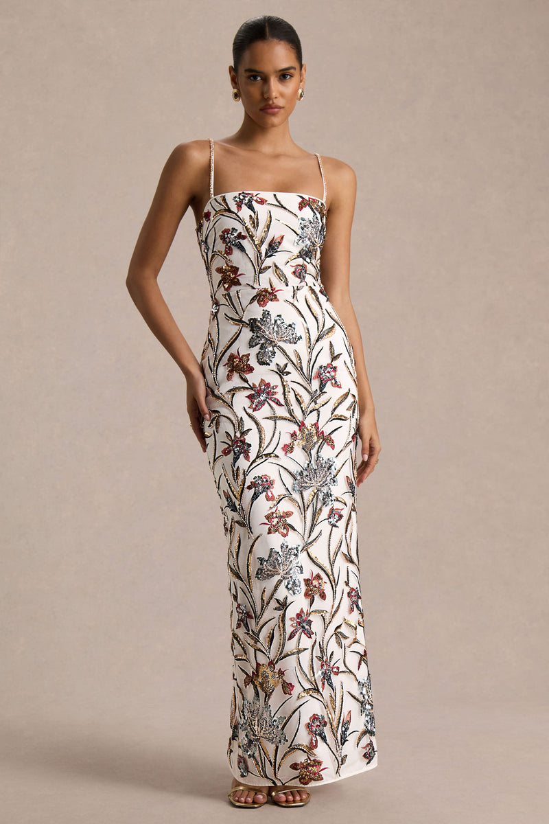 Kyle | Vestido largo color crema con lentejuelas, adornos florales y escote cuadrado