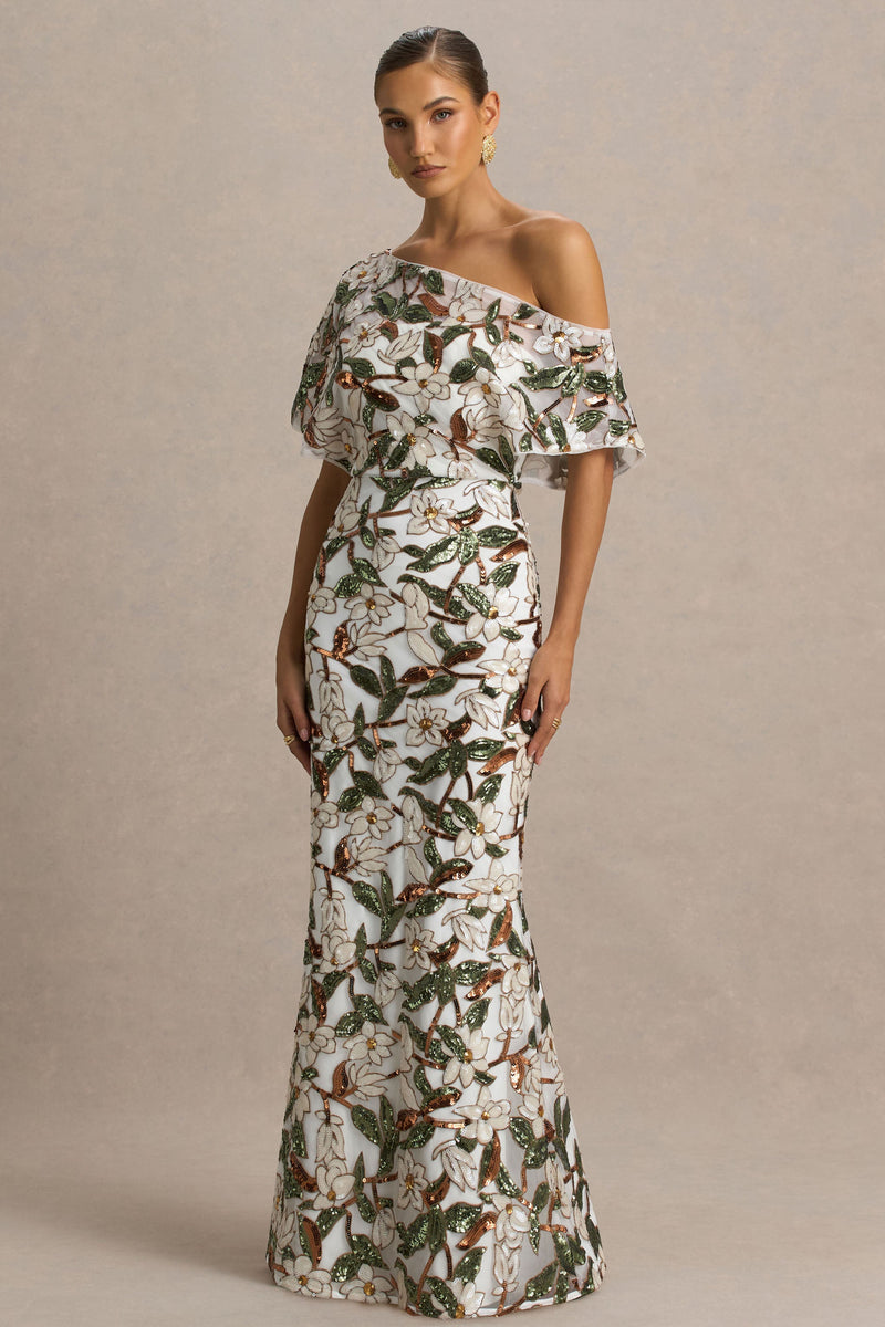 Iony | Vestido maxi blanco y verde con flores de lentejuelas y malla, con cuello asimétrico