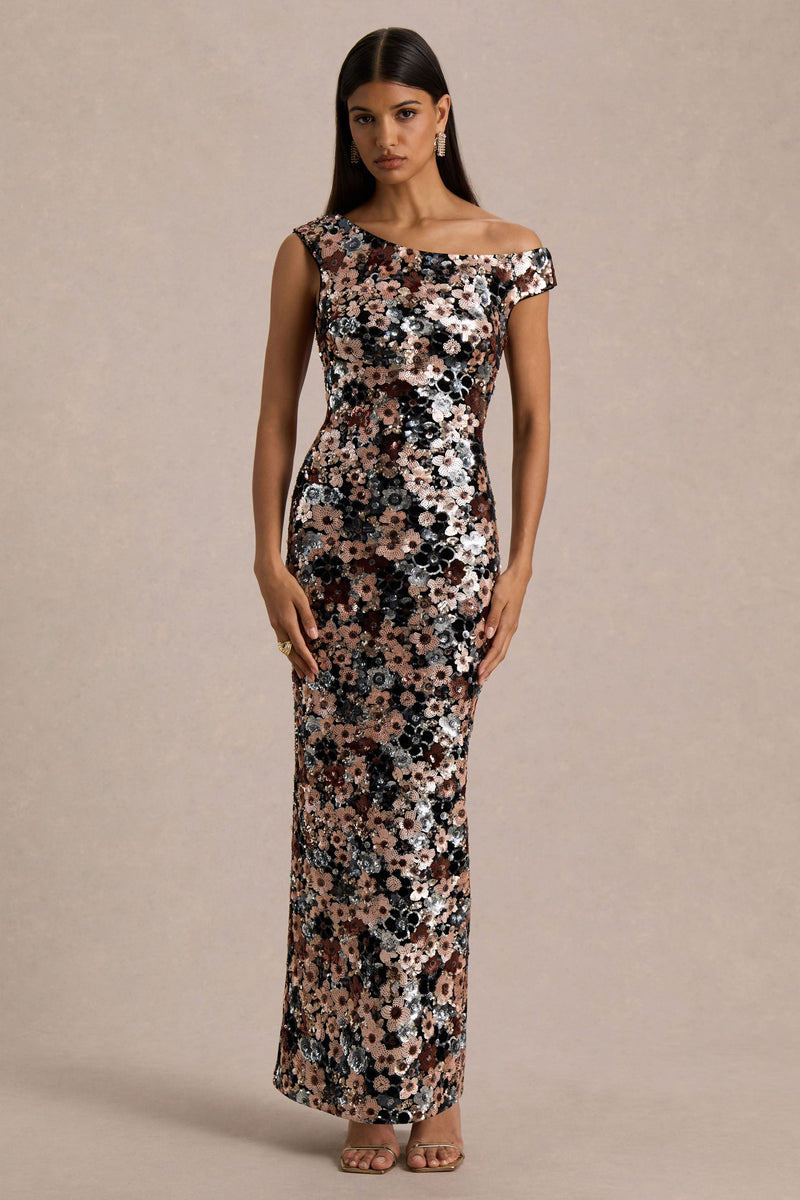 Eléctrico | Vestido maxi negro de terciopelo con flores de lentejuelas adornadas y escote asimétrico