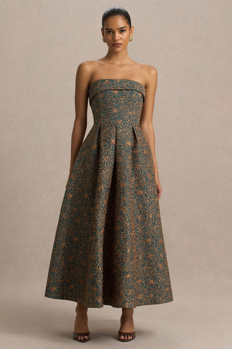 Loretta | Vestido midi de escote bandeau bordado en verde oscuro y color óxido