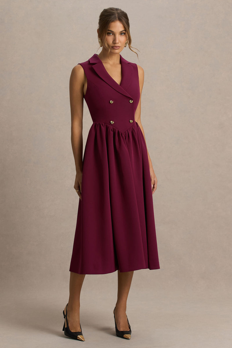 Lisa | Vestido midi entallado color burdeos con escote pronunciado y detalles de botones