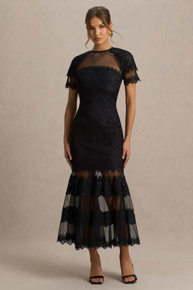 Leanne | Vestido midi negro de malla y encaje con cuello redondo y corte sirena