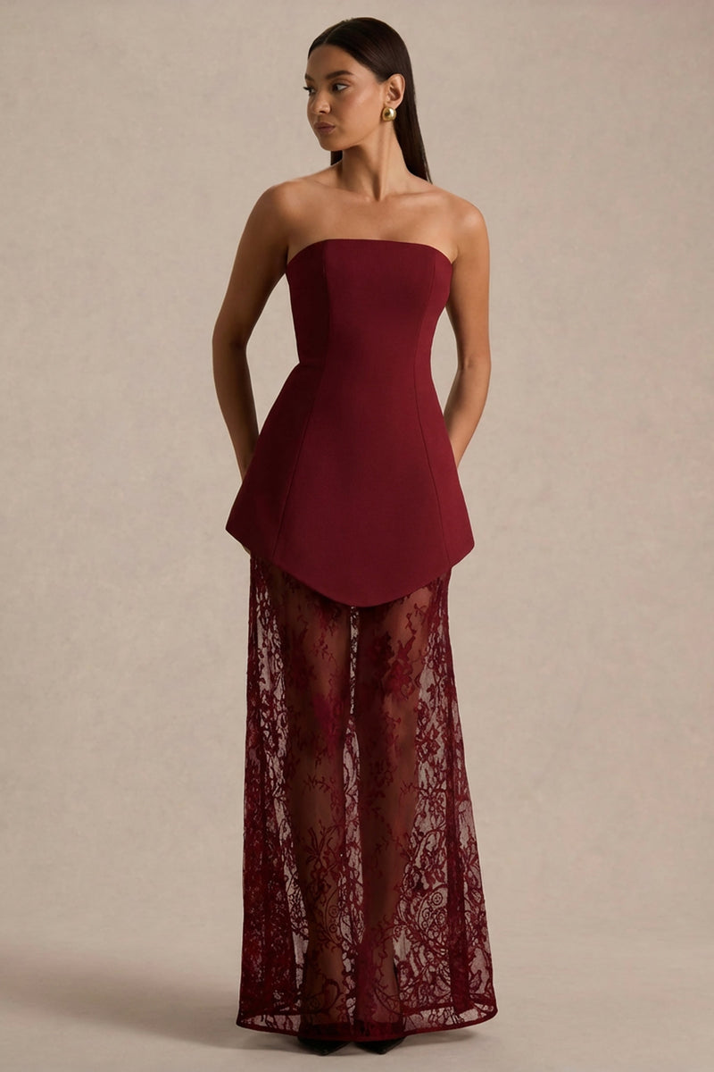 Brandi | Vestido maxi burdeos tipo bandeau con falda de encaje