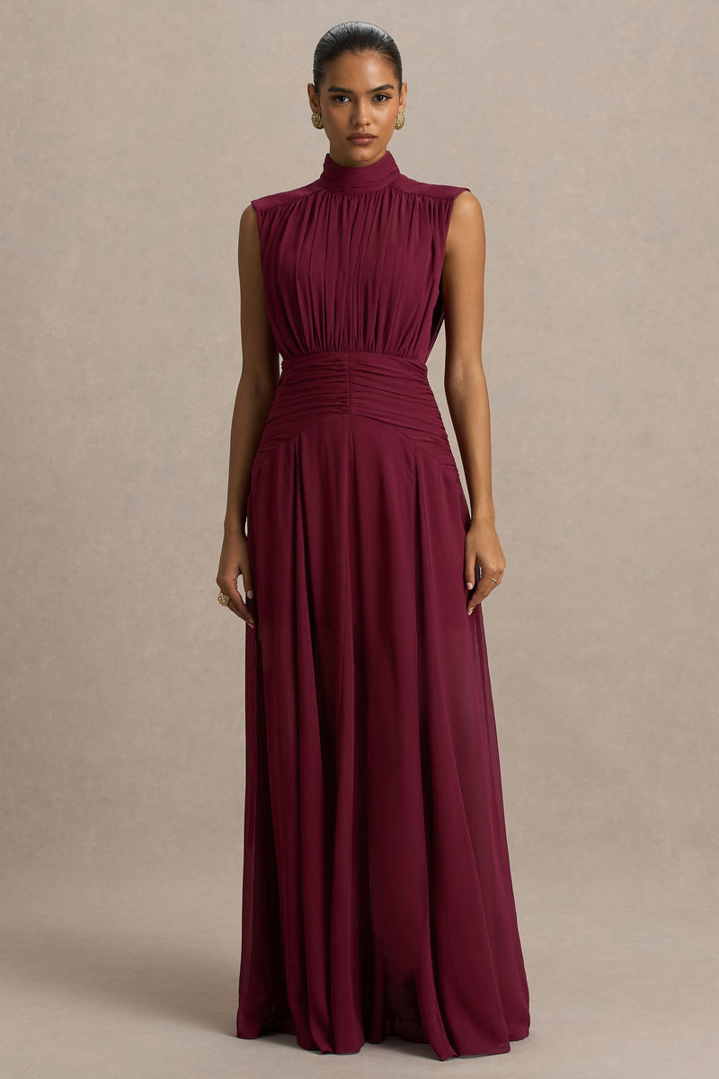 Melanina | Vestido largo burdeos con cuello alto y detalles fruncidos