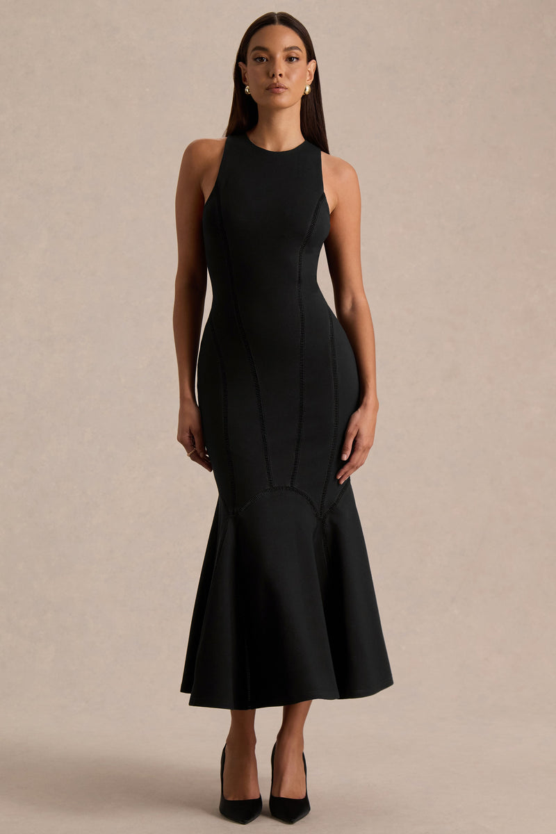 Sally | Vestido midi negro de cuello redondo con cintura caída