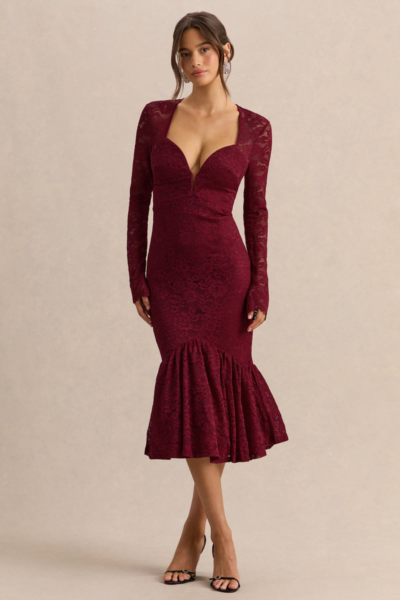 Camilly | Vestido midi de encaje color burdeos con escote pronunciado y corte sirena