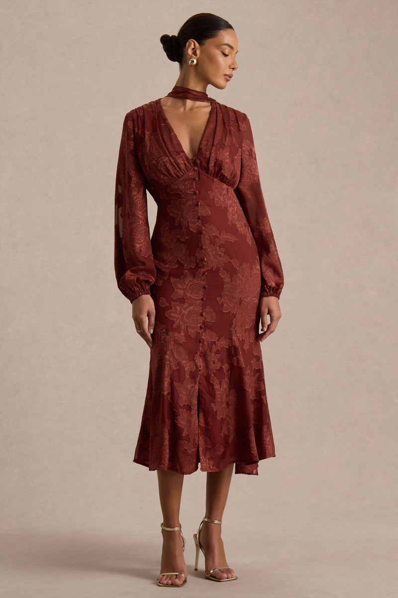 Sabina | Vestido midi color óxido de devoré con escote pronunciado