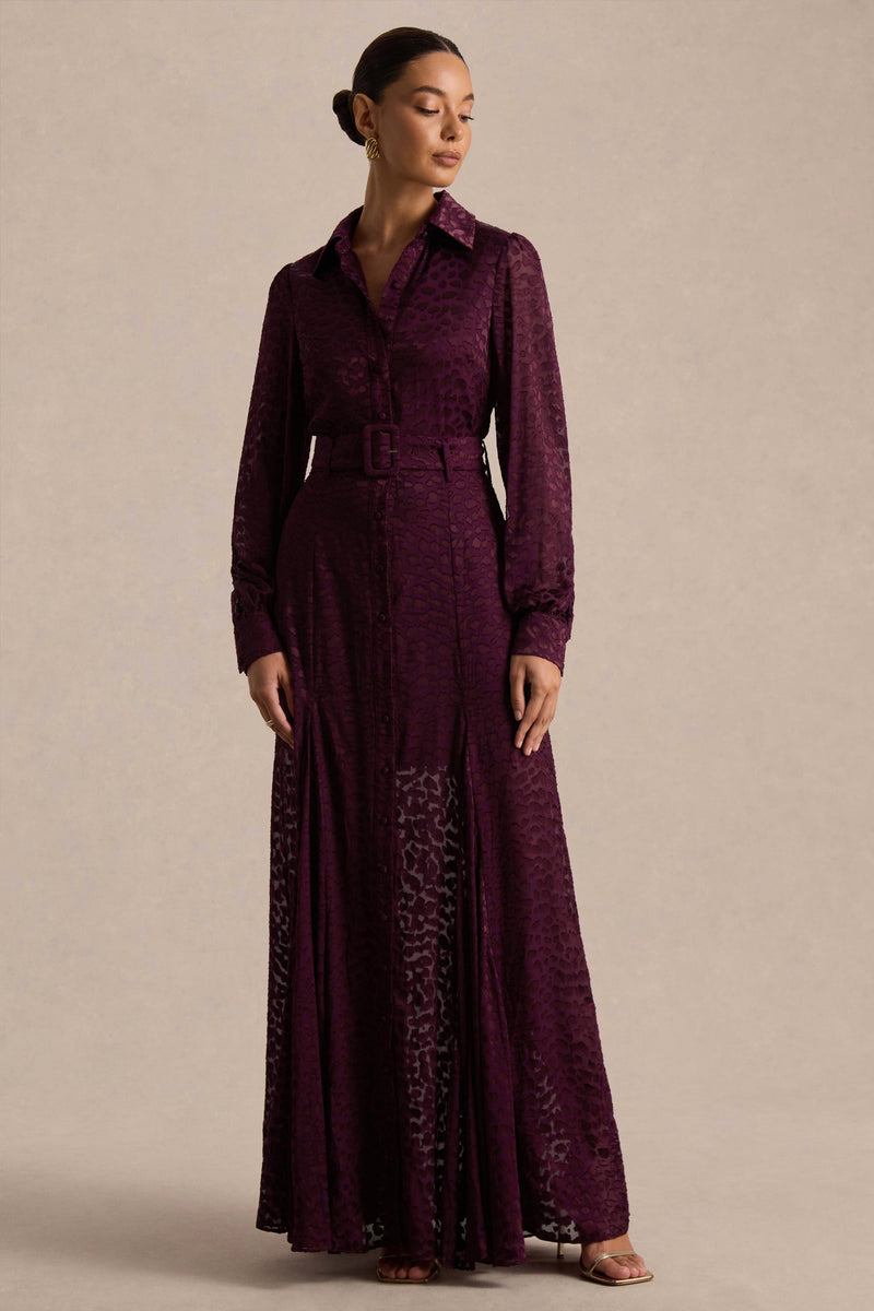 Kirsty | Vestido camisero morado de manga larga con falda amplia