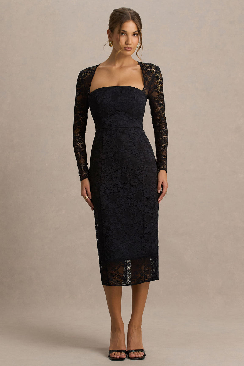 Alissa | Vestido midi negro de encaje con escote cuadrado