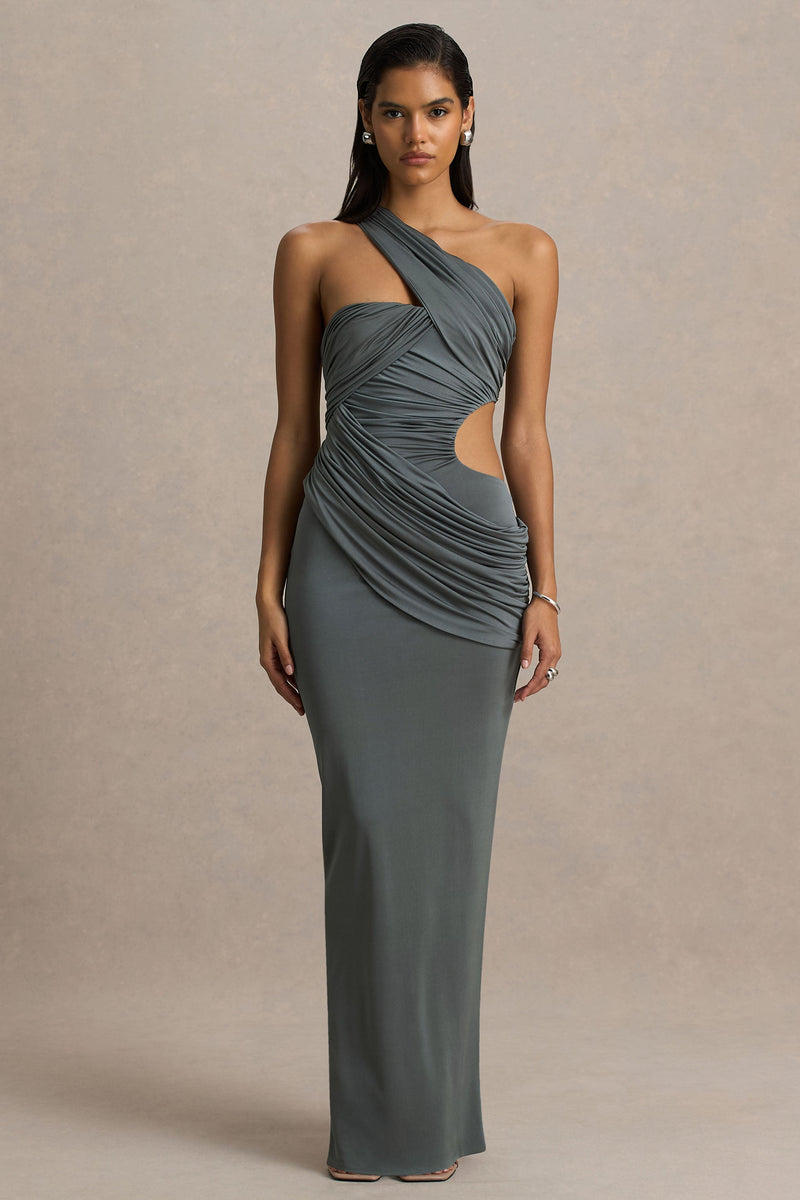 Serefine | Vestido largo gris con escote asimétrico y abertura en el torso