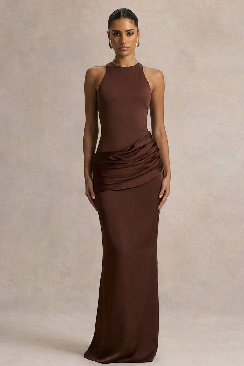 Akari | Vestido largo marrón de cuello redondo con falda de satén