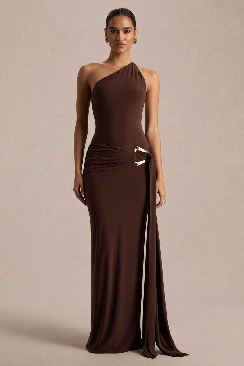 Bonnie | Vestido largo marrón de escote asimétrico y espalda descubierta