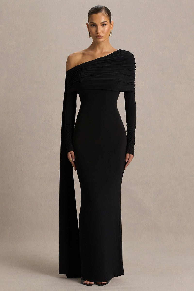 Octavia | Vestido maxi negro con escote Bardot, capa y detalles fruncidos