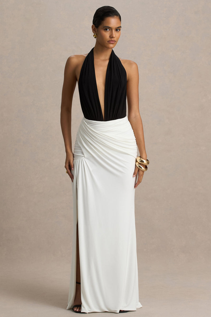 Tilly | Vestido largo blanco y negro con escote extremadamente pronunciado, detalles envolventes y fruncidos