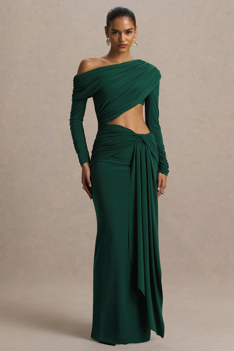 Mikayla | Vestido maxi cruzado verde oscuro con escote asimétrico, abertura en el torso y detalles fruncidos