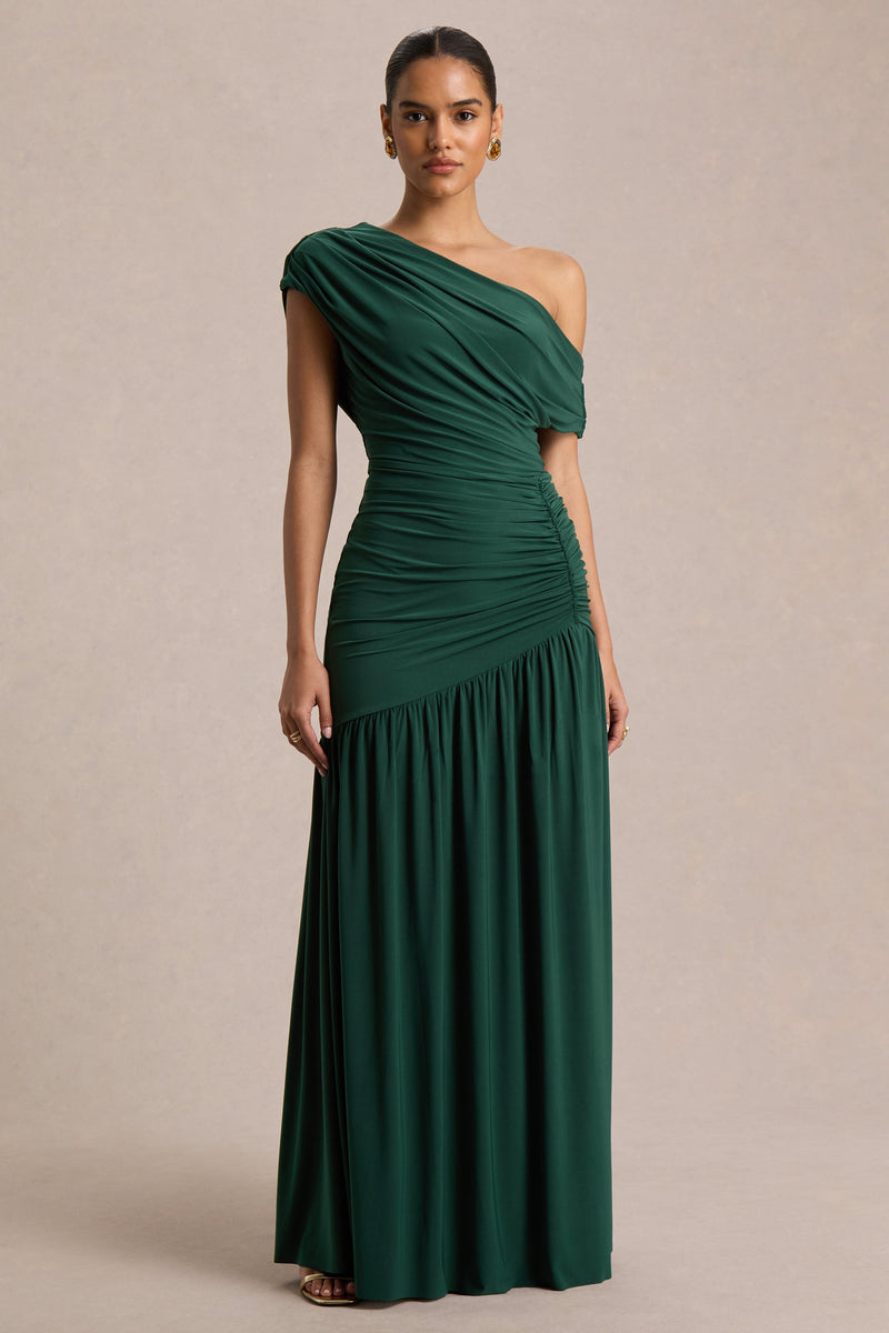 Kady | Vestido maxi verde oscuro con escote asimétrico y detalles fruncidos