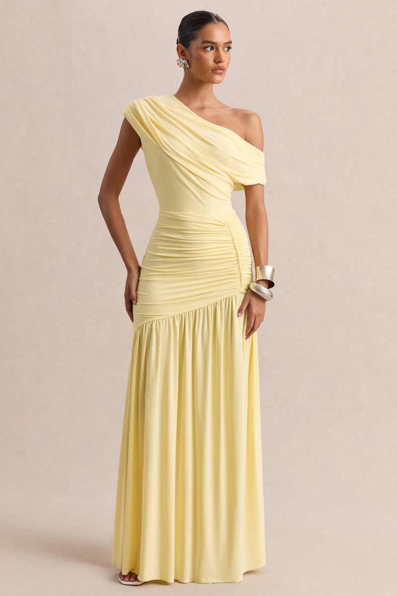 Kady | Vestido largo amarillo limón con cuello asimétrico y detalles fruncidos