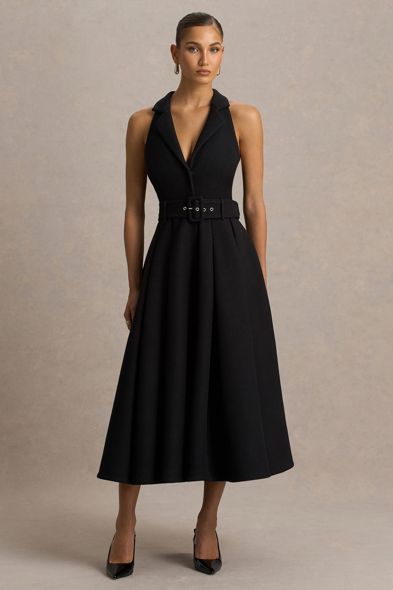 Alessa | Vestido midi negro entallado con escote pronunciado en V