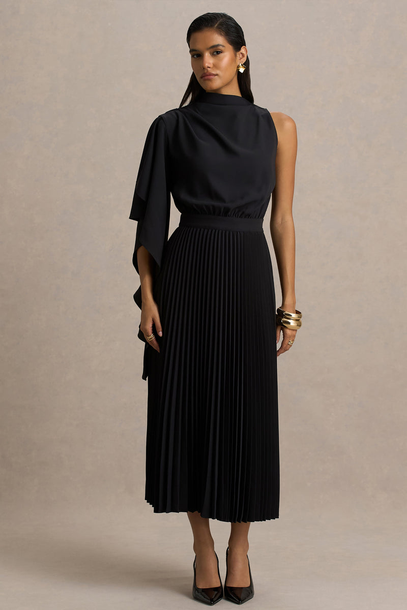 Jimena | Vestido midi negro de cuello alto con una manga larga y detalles plisados