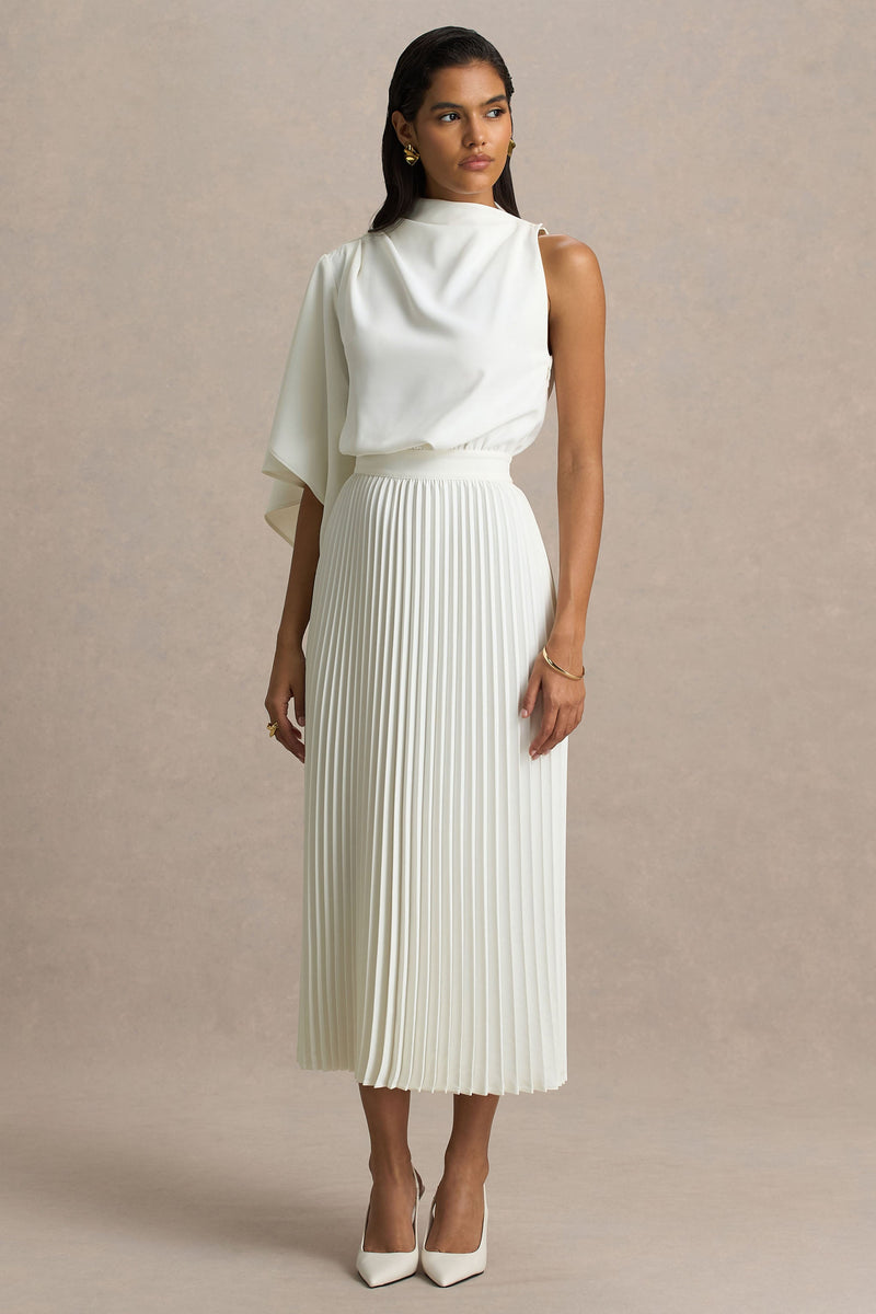 Jimena | Vestido midi color crema de cuello alto con una manga larga y detalles plisados