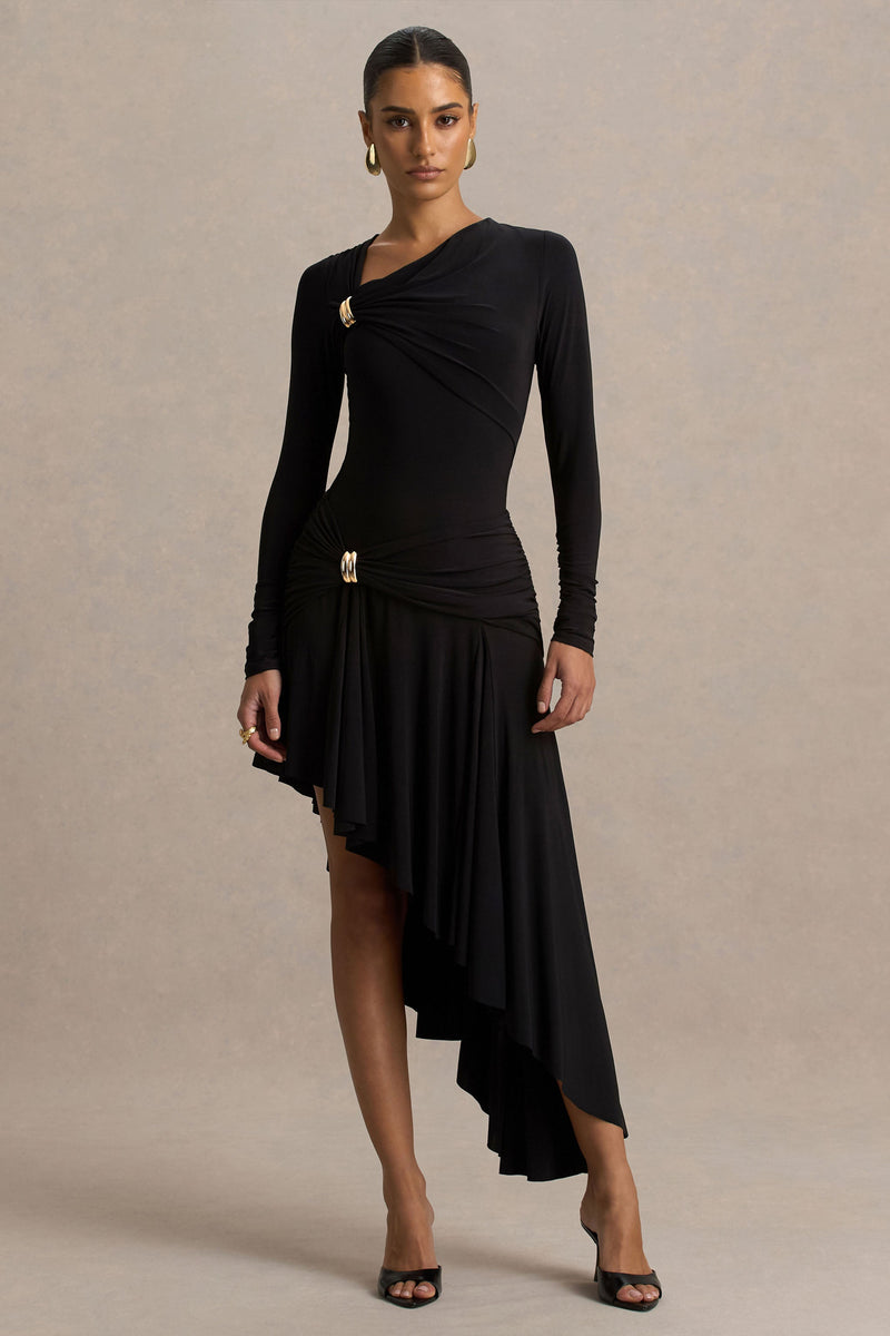 Alexia | Vestido maxi negro de escote asimétrico con detalles dorados