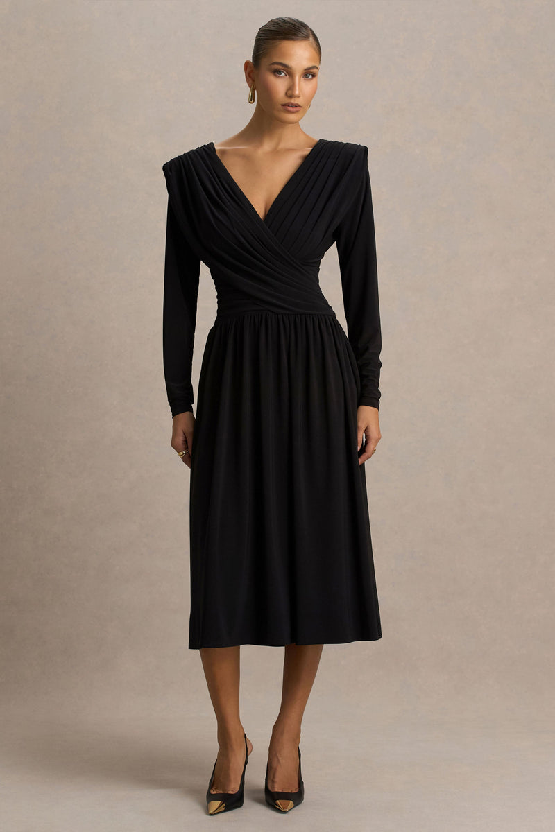 Alexis | Vestido midi negro de escote pronunciado con detalles drapeados y fruncidos