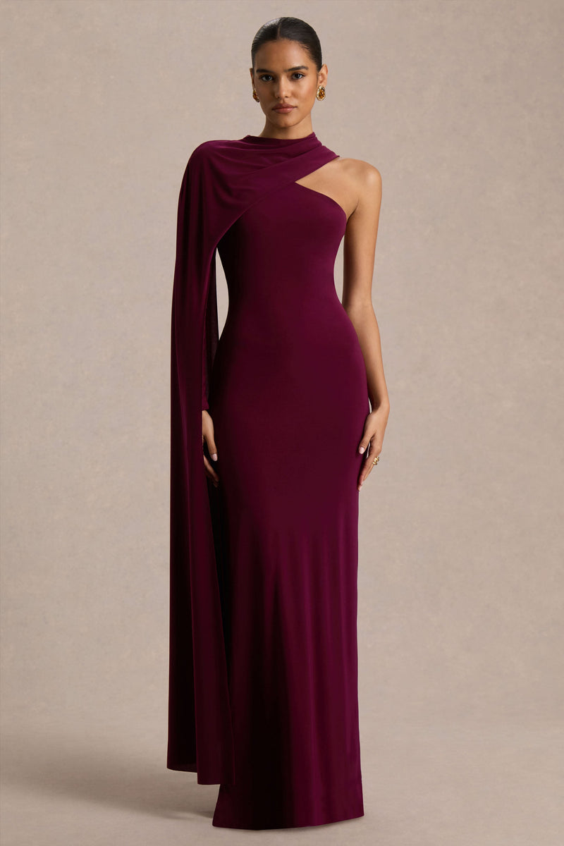 Dawn | Vestido largo burdeos con escote asimétrico, una manga larga y capa