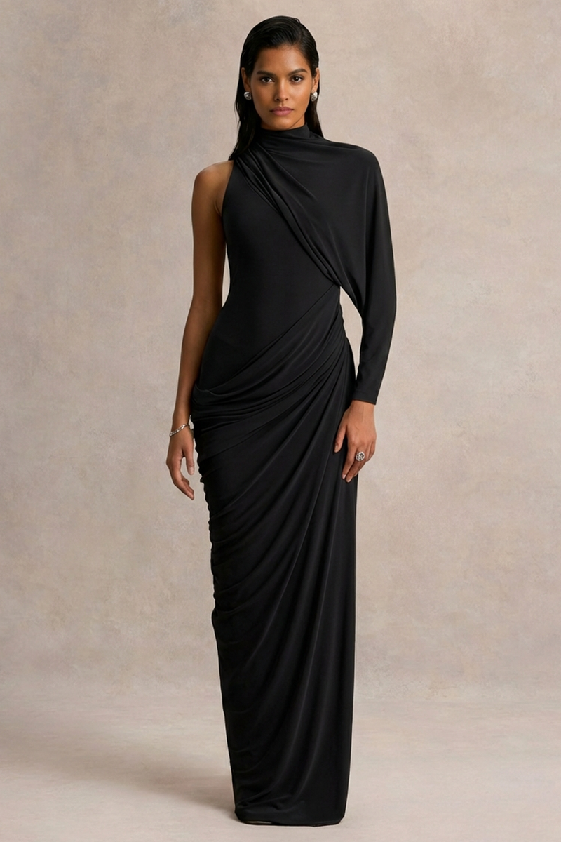 Aphra | Vestido largo negro de cuello alto con mangas tipo capa