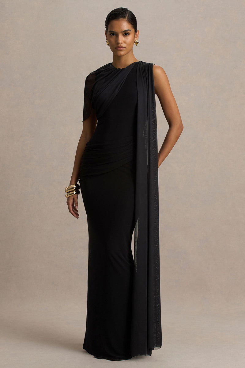 Brenda | Vestido maxi negro de cuello redondo con capa de malla y fajín