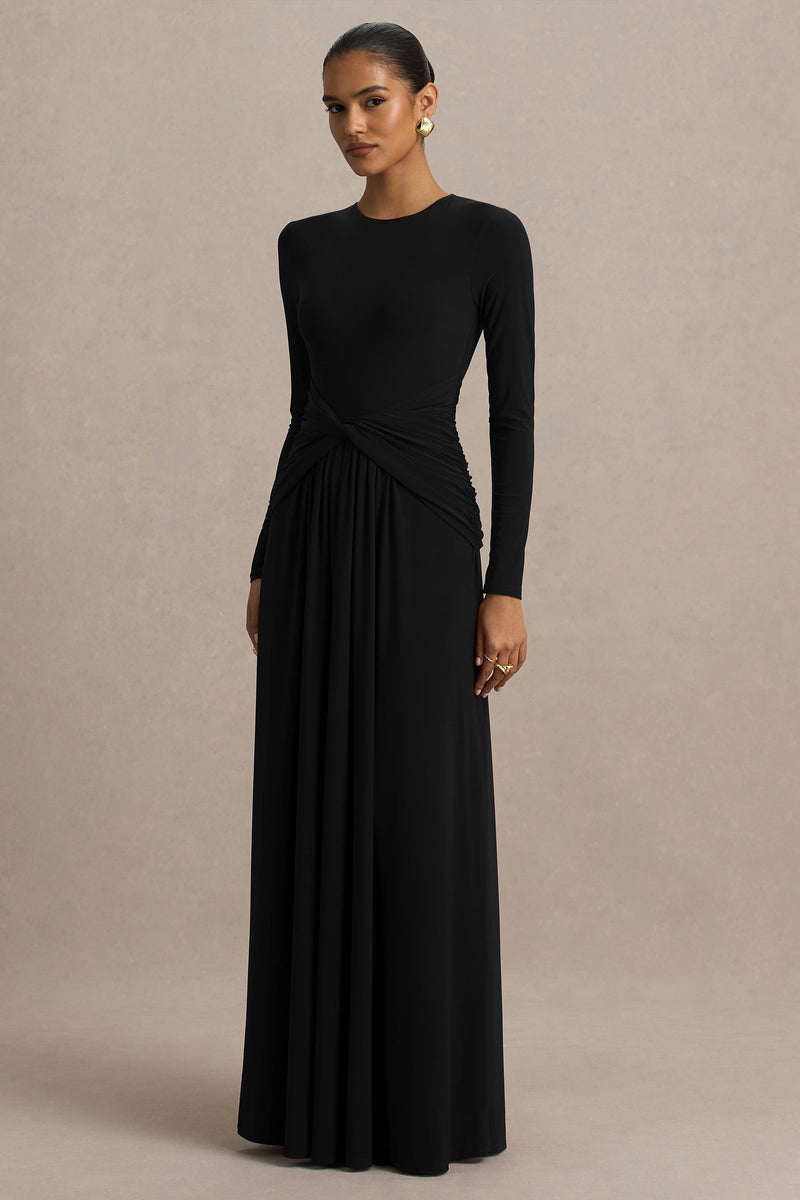 Estrella | Vestido maxi negro de cuello alto con detalles fruncidos