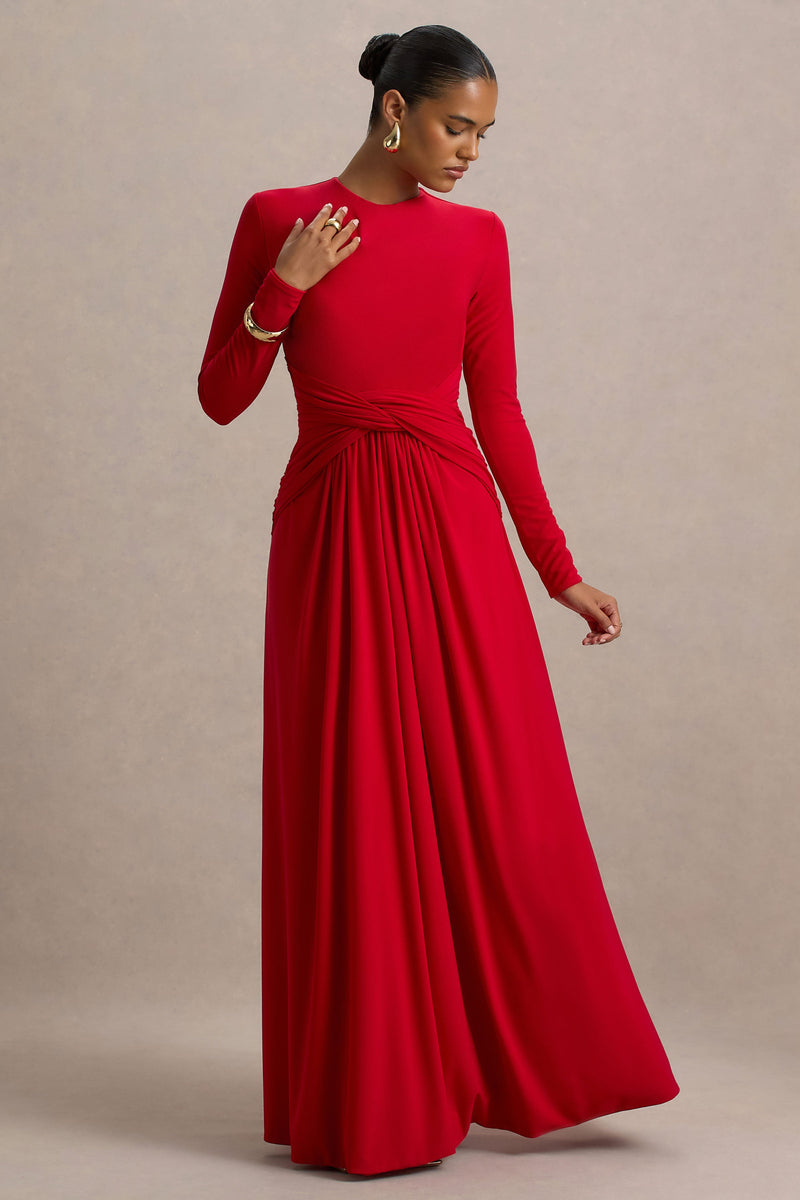 Estrella | Vestido maxi rojo de cuello alto con detalles fruncidos