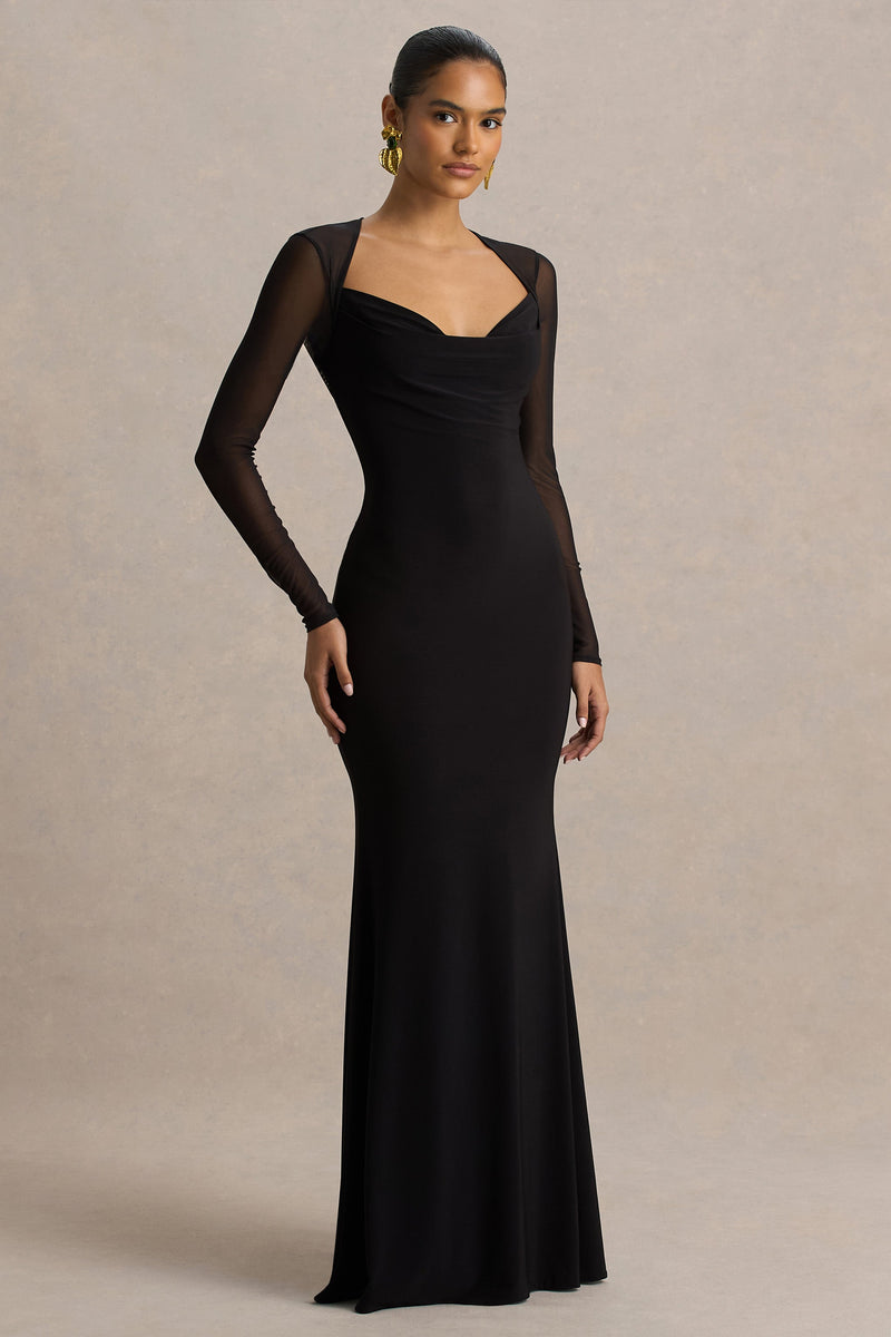 Bethan | Vestido largo negro con escote drapeado, mangas de malla y espalda descubierta