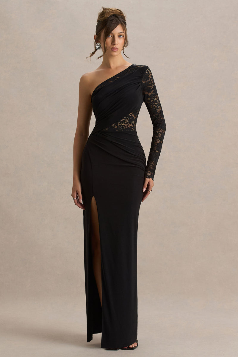 Melody | Vestido maxi negro de escote asimétrico, con detalles de encaje y abertura delantera alta