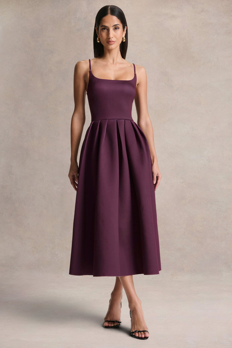 Jamila | Vestido midi color ciruela con escote redondo