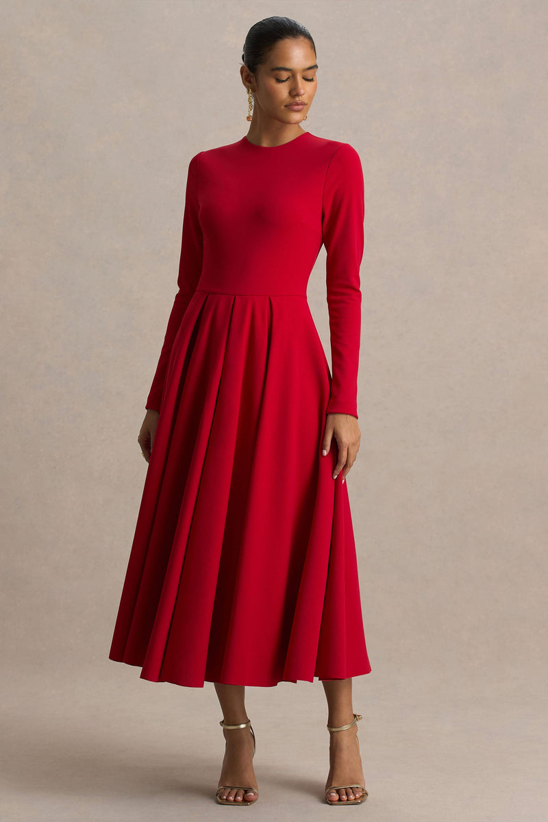 Bellamy | Vestido midi rojo de manga larga y cuello redondo