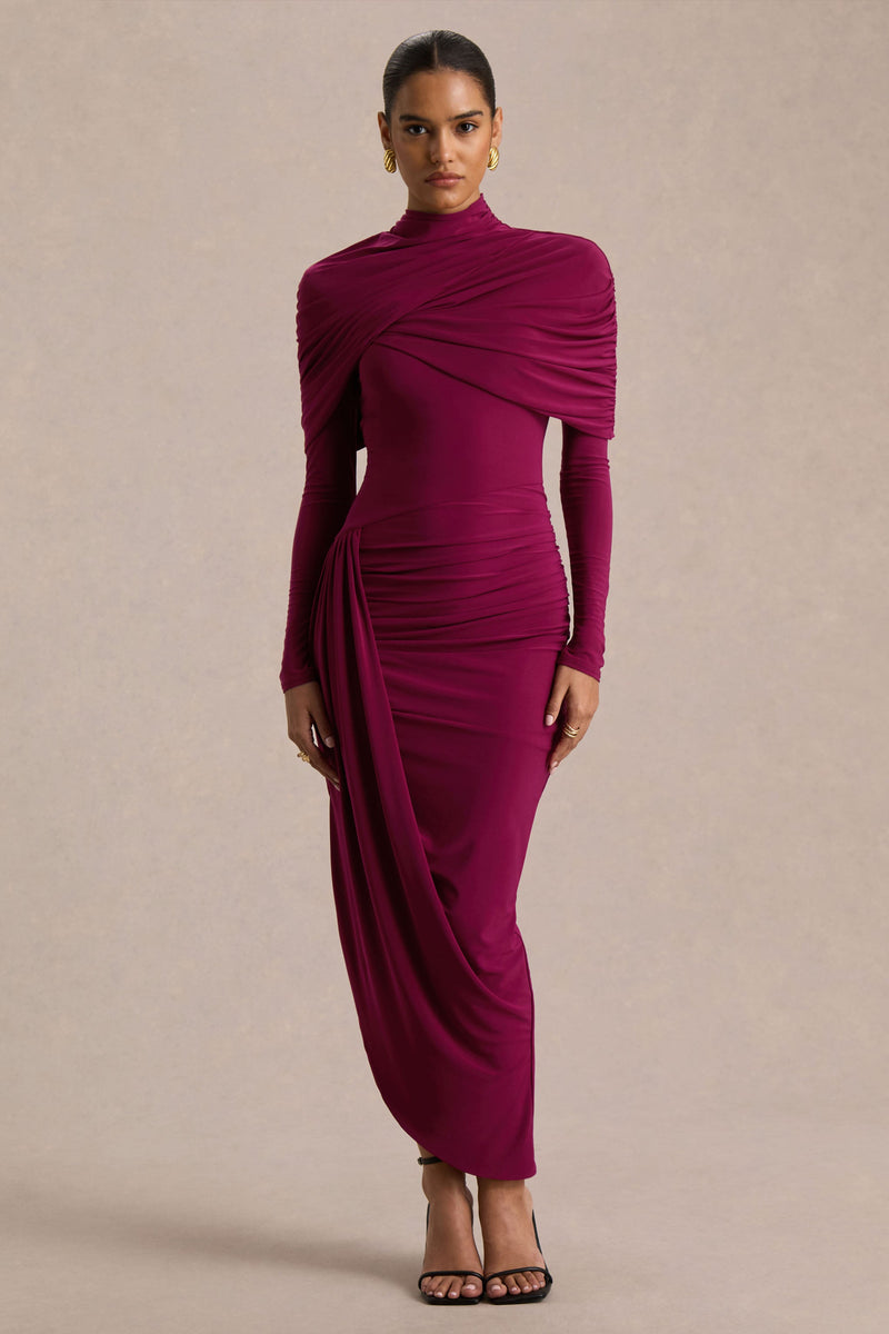 Aneira | Vestido maxi burdeos de cuello alto con mangas tipo capa