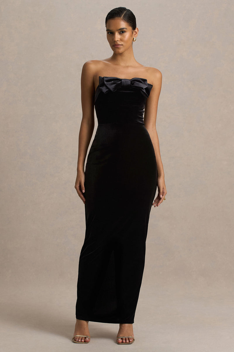 Illusion | Vestido maxi negro de terciopelo tipo bandeau con detalle de lazo