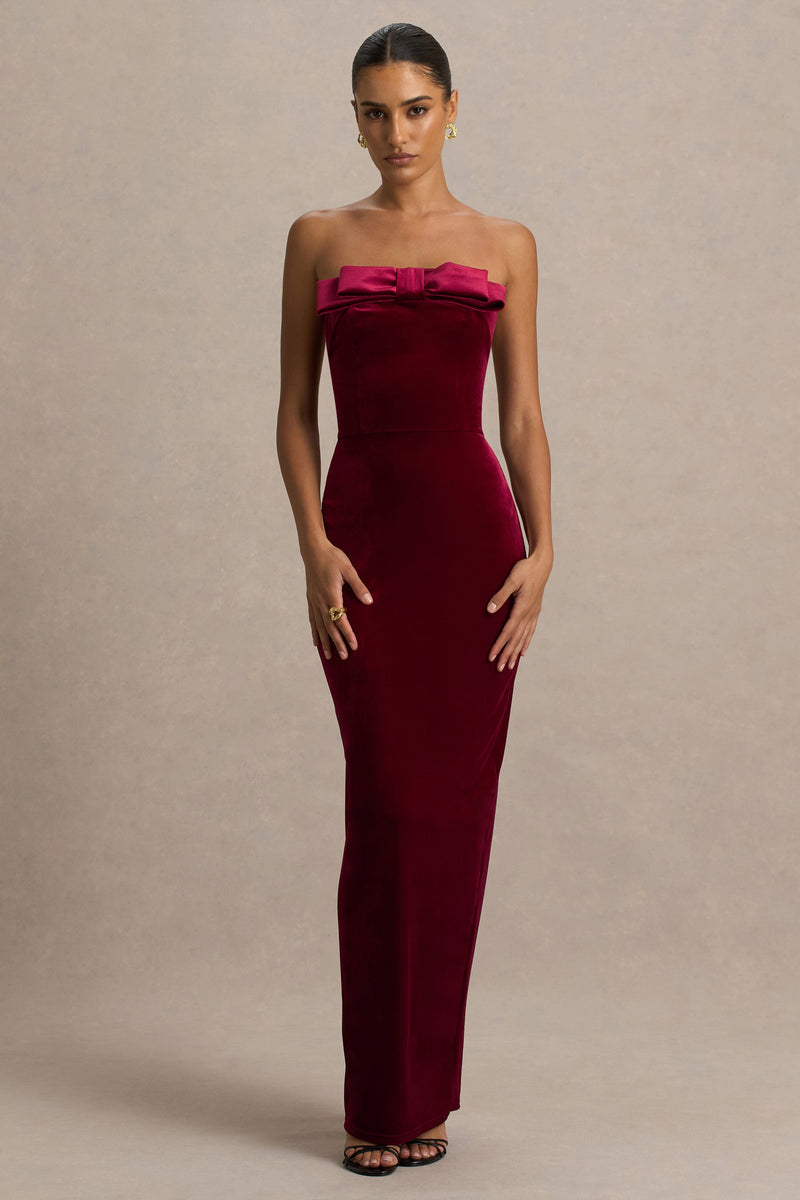 Illusion | Vestido maxi bandeau de terciopelo burdeos con detalle de lazo