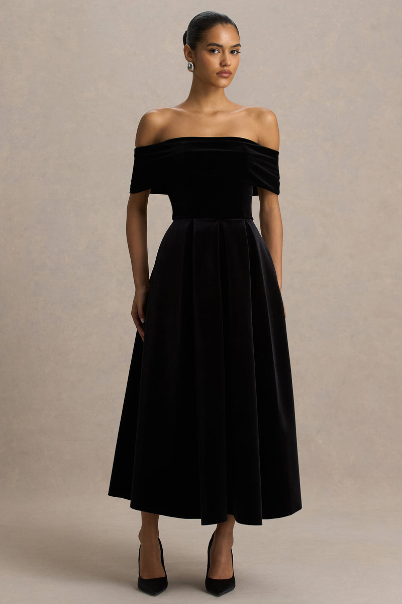 Ablaze | Vestido midi negro de terciopelo con escote Bardot