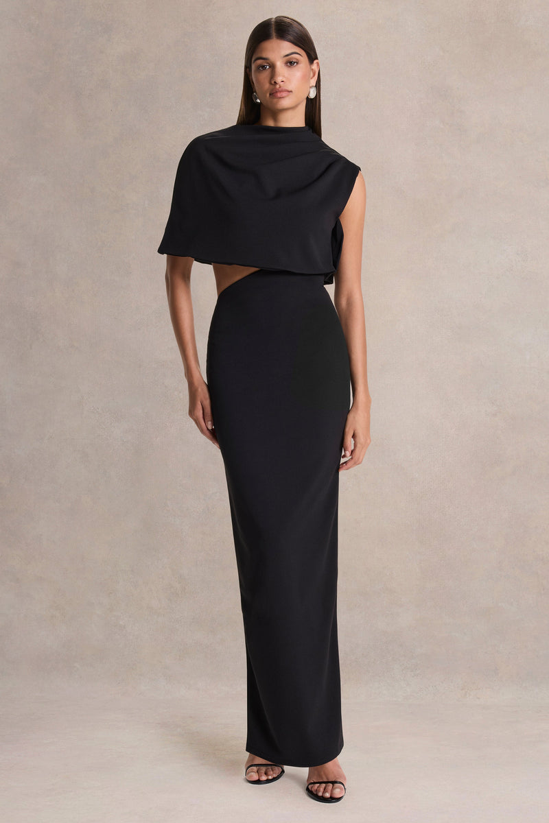 Roseth | Vestido largo negro de cuello alto con capa removible