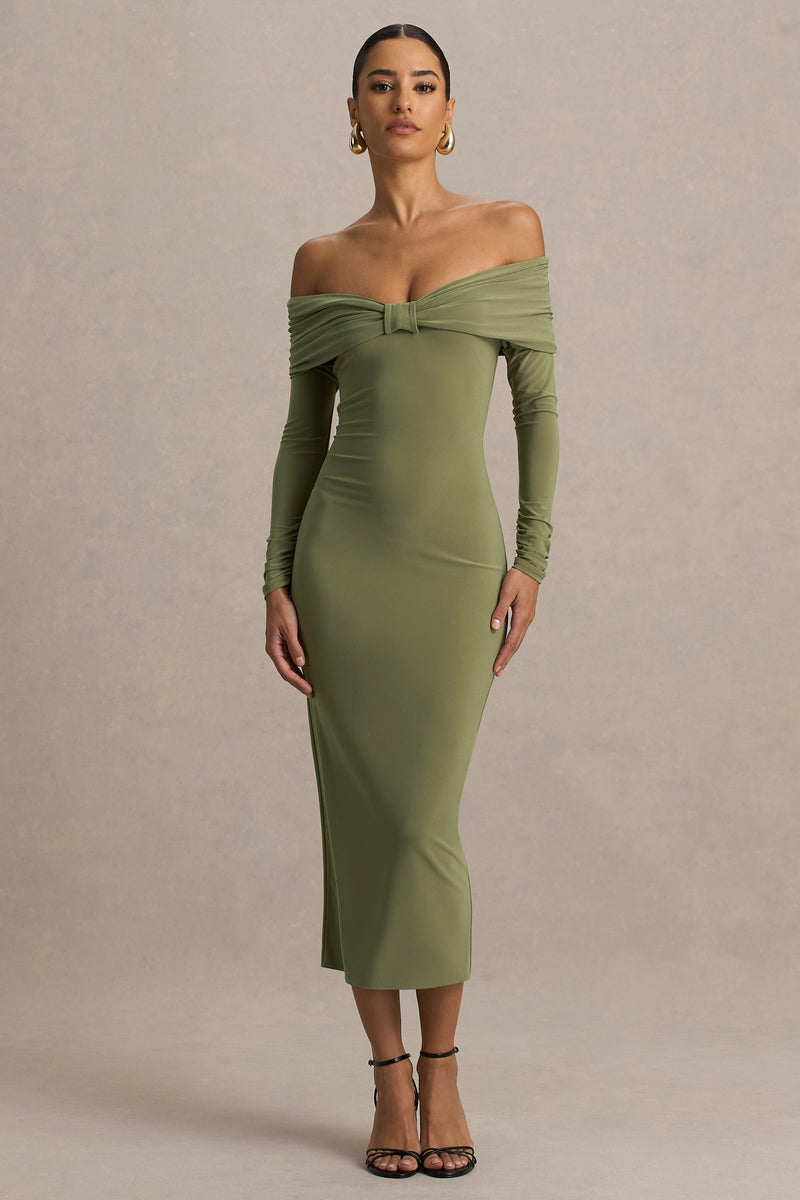 Spark | Vestido midi color oliva con escote Bardot y detalle de lazo