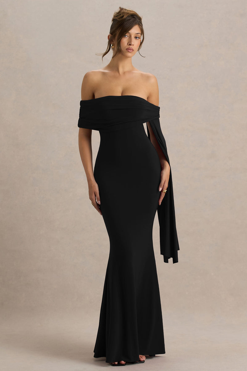 Saffina | Vestido maxi negro con escote Bardot y detalle de fajín