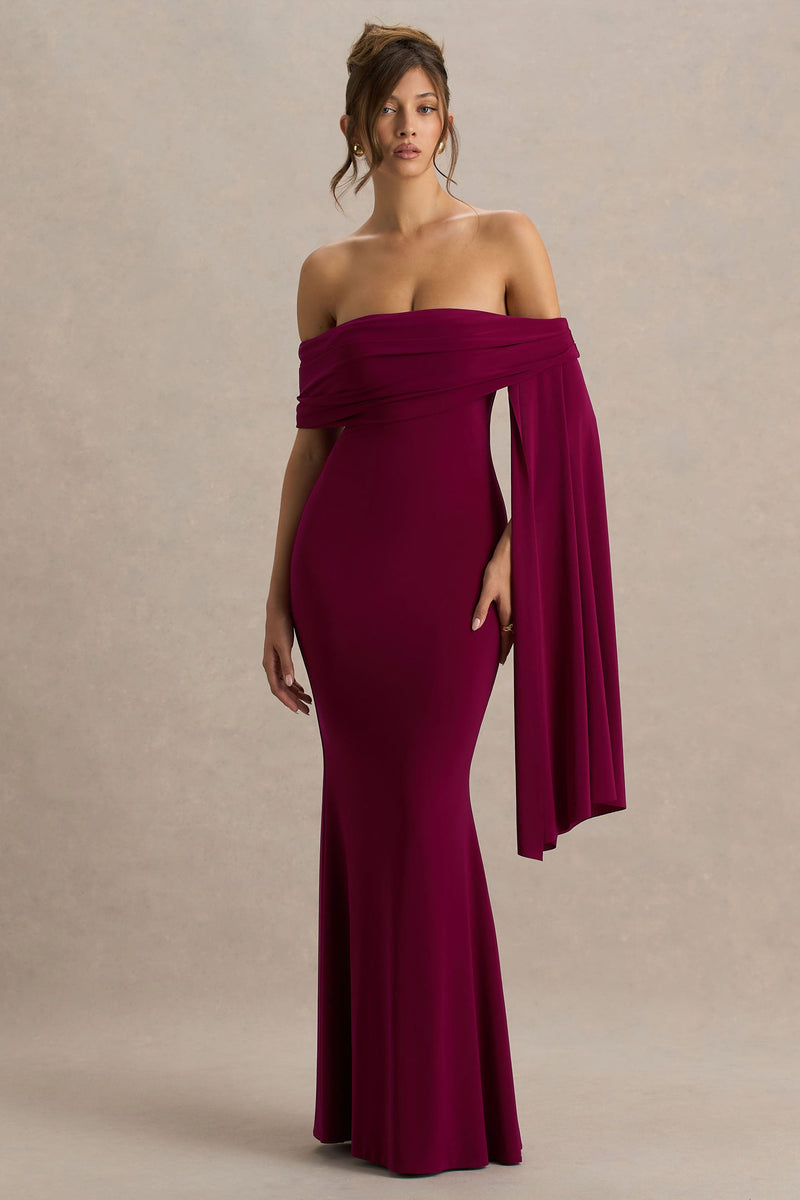 Saffina | Vestido largo burdeos con escote Bardot y detalle de fajín